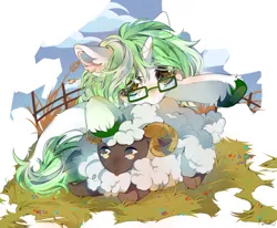 Size: 4463x3669 | Tagged: safe, artist:kefirro7, derpibooru import, oc, unofficial characters only, pony, unicorn, animal, cheek fluff, digital art, ear fluff, eyes open, female, full body, glasses, grass, image, looking at you, mare, png, simple background, sitting, unshorn fetlocks, white background