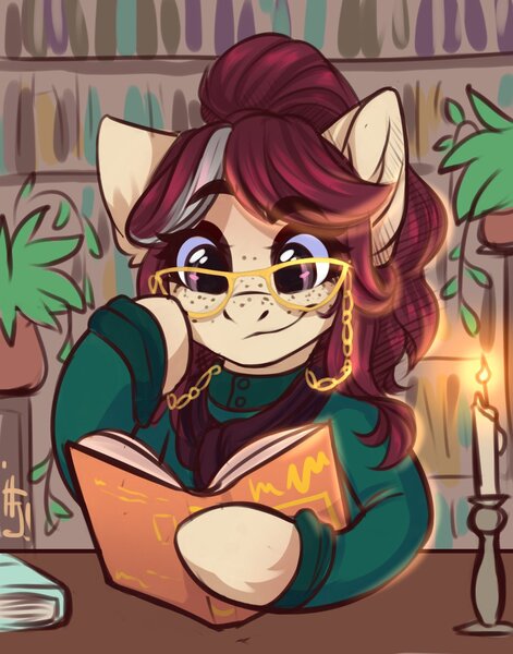 Size: 1100x1402 | Tagged: safe, artist:falafeljake, derpibooru import, oc, unofficial characters only, pony, book, clothes, commission, eye clipping through hair, eyebrows, eyebrows visible through hair, female, glasses, image, jpeg, mare, reading, signature, smiling, solo