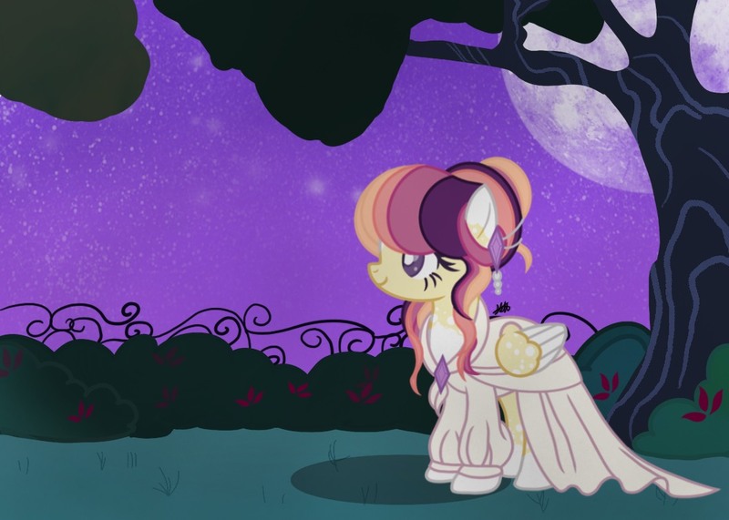 Size: 1057x755 | Tagged: safe, artist:crystalnovaa, derpibooru import, oc, oc:crystal nova, pegasus, pony, clothes, dress, female, image, jpeg, mare, night, solo, tree