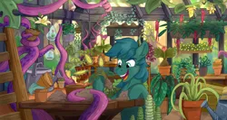 Size: 4334x2300 | Tagged: safe, artist:rutkotka, derpibooru import, oc, oc:poison trail, unofficial characters only, earth pony, pony, commission, flower, flower pot, greenhouse, happy, image, ladder, png, smiling, solo, tentacles, watering can