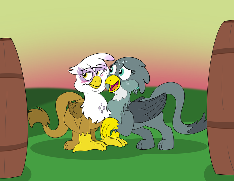 Size: 4550x3528 | Tagged: safe, artist:rupertbluefox, derpibooru import, gabby, gilda, gryphon, series:gildough and gabooty's summery gain of griffon glutes, background, barrel, blushing, cheek squish, fat, fat fetish, female, fetish, gilda is not amused, image, incentive drive, png, squishy cheeks, this will end in weight gain, tsundere, unamused