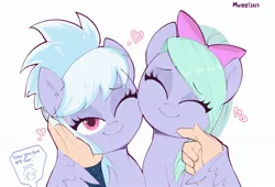 Size: 1992x1356 | Tagged: safe, artist:aceslingerexo, derpibooru import, part of a set, cloudchaser, flitter, human, pegasus, pony, bow, cheek rub, cute, eyes closed, female, flitterbetes, hair bow, heart, human on pony petting, image, jpeg, looking at you, male, male pov, mare, offscreen character, offscreen male, one eye closed, petting, pov, simple background, smiling, smiling at you, speech bubble, white background