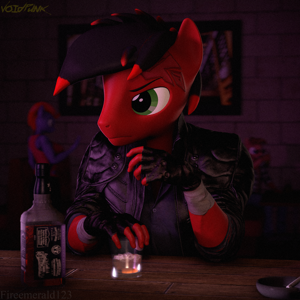Size: 2160x2160 | Tagged: safe, artist:fireemerald123, derpibooru import, oc, oc:page feather, unofficial characters only, anthro, 3d, alcohol, ashtray, cigarette, clothes, image, jacket, leather, leather jacket, png, source filmmaker, trenchcoat, voidpunk, watermark
