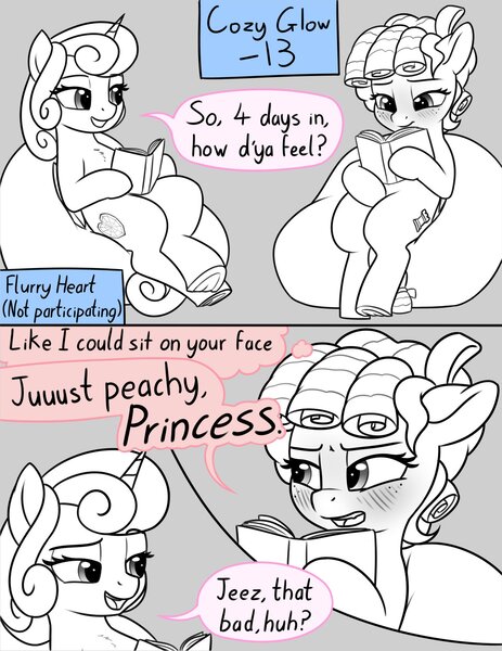 Size: 1513x1960 | Tagged: suggestive, artist:zippysqrl, banned from derpibooru, deleted from derpibooru, derpibooru import, cozy glow, princess flurry heart, comic:glowing in the cozy's, comic:no clop november 2019, comic, cozyheart, duo, female, image, jpeg, lesbian, older, shipping