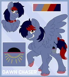 Size: 1701x1900 | Tagged: safe, artist:euspuche, derpibooru import, oc, oc:dawn chaser, unofficial characters only, pegasus, pony, blushing, bust, chest fluff, collar, colored hooves, commission, cutie mark, digital art, image, looking at you, male, pegasus oc, png, reference sheet, simple background, smiling, solo, spread wings, stallion, tail, two toned mane, two toned tail, wings