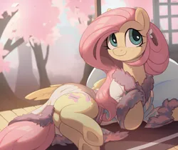 Size: 4000x3358 | Tagged: safe, artist:nookprint, derpibooru import, fluttershy, pegasus, pony, alternate hairstyle, bathrobe, cherry blossoms, clothes, cute, flower, flower blossom, image, lying down, png, robe, side, solo