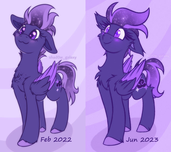 Size: 1152x1024 | Tagged: safe, artist:shad0w-galaxy, derpibooru import, oc, oc:shadow galaxy, unofficial characters only, pegasus, pony, blushing, cheek fluff, chest fluff, cute, ear fluff, ethereal mane, floppy ears, fluffy, folded wings, hooves, image, pegasus oc, png, redraw, simple background, smiling, solo, starry mane, starry tail, style comparison, tail, unshorn fetlocks, wing fluff, wings