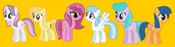 Size: 1838x497 | Tagged: safe, artist:frozengembases, artist:sillylittleprincess, derpibooru import, cotton cloudy, first base, noi, ruby pinch, sweetie belle, earth pony, pegasus, pony, unicorn, adorabase, alternate mane six, aura (g4), aurabetes, bad hair, bad hair day, base used, cottonbetes, cute, diasweetes, female, g4, image, mare, noiabetes, older, older aura (g4), older cotton cloudy, older first base, older noi, older ruby pinch, older sweetie belle, pegasus first base, pinchybetes, png, race swap, rule 63, simple background, smiling, yellow background