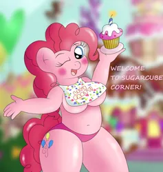 Size: 2950x3109 | Tagged: suggestive, artist:lewdfler85, derpibooru import, pinkie pie, anthro, earth pony, belly button, bib, big breasts, breasts, busty pinkie pie, candle, chubby, clothes, cupcake, derpibooru exclusive, female, five nights at freddy's, food, image, looking at you, makeup, one eye closed, panties, parody, png, pose, sexy, smiling, solo, solo female, sugarcube corner, text, thick, toy chica, underboob, underwear, wide hips, wink