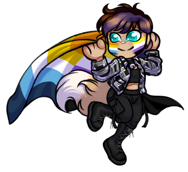 Size: 2162x1978 | Tagged: safe, artist:malinraf1615, derpibooru import, oc, oc:rose, human, aroace, aroace pride flag, boots, chibi, clothes, collar, commission, cute, denim, ear piercing, earring, face paint, flannel, freckles, humanized, humanized oc, image, jeans, jewelry, midriff, nonbinary, nonbinary pride flag, pants, piercing, png, pride, pride flag, pride month, shirt, shoes, simple background, solo, sports bra, tail, tailed humanization, transparent background, ych result