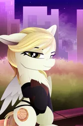 Size: 1797x2700 | Tagged: safe, artist:andaluce, derpibooru import, oc, oc:sunny northfleet, unofficial characters only, pegasus, pony, adorasexy, bench, chest fluff, city, cityscape, clothes, corset, cute, female, image, lineless, looking at you, mare, night, park, park bench, partially open wings, png, raised hoof, sexy, sitting, socks, solo, wings