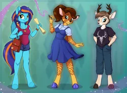 Size: 1900x1390 | Tagged: safe, artist:sirzi, derpibooru import, oc, oc:aluxiri, oc:jendyn, oc:skysee way, unofficial characters only, anthro, deer, pegasus, unguligrade anthro, bag, breasts, clothes, dress, female, furry, hand in pocket, image, jewelry, jpeg, necklace, pants, pegasus oc, pen, scroll, shirt, shorts, stylus, t-shirt, trio, wings
