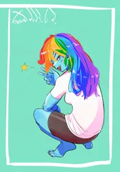 Size: 1400x2000 | Tagged: safe, artist:sozglitch, derpibooru import, rainbow dash, human, equestria girls, barefoot, breasts, feet, female, image, jpeg, looking at you, looking back, looking back at you, open mouth, open smile, peace sign, sideboob, smiling, smiling at you, solo
