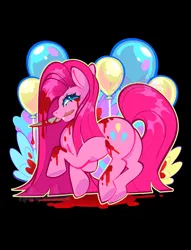 Size: 1500x1964 | Tagged: semi-grimdark, artist:necromeowncer, derpibooru import, pinkie pie, pony, balloon, blood, butt, cutie mark, image, jpeg, knife, mouth hold, pinkamena diane pie, plot, solo