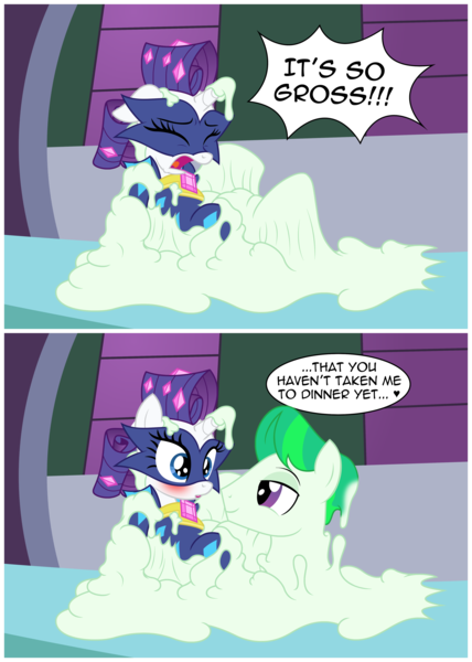 Size: 3332x4674 | Tagged: suggestive, artist:badumsquish, derpibooru import, neon brush, radiance, rarity, earth pony, goo, goo pony, monster pony, original species, pony, power ponies (episode), 2 panel comic, and then there's rarity, background pony, barbershop squad, bedroom eyes, blushing, clone, comic, derpibooru exclusive, dialogue, duo, eyes on the prize, eyeshadow, female, flirting, henchmen, image, implied mane-iac, lair, makeup, male, mare, melting, pipe (plumbing), png, power ponies, shapeshifting, show accurate, slime, smiling, smirk, stallion, straight, struggling, window, yelling