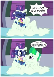 Size: 3332x4674 | Tagged: suggestive, artist:badumsquish, derpibooru import, neon brush, radiance, rarity, earth pony, goo, goo pony, monster pony, original species, pony, power ponies (episode), 2 panel comic, and then there's rarity, background pony, barbershop squad, bedroom eyes, blushing, clone, comic, derpibooru exclusive, dialogue, duo, eyes on the prize, eyeshadow, female, flirting, henchmen, image, implied mane-iac, lair, makeup, male, mare, melting, pipe (plumbing), png, power ponies, shapeshifting, show accurate, slime, smiling, smirk, stallion, straight, struggling, window, yelling