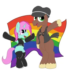Size: 2200x2400 | Tagged: safe, artist:amateur-draw, derpibooru import, oc, oc:belle boue, oc:oak wood, unofficial characters only, earth pony, pony, unicorn, bipedal, clothes, duo, evening gloves, gloves, harness, hat, image, latex, latex gloves, leather, leather vest, long gloves, png, pride, pride flag, pride month, simple background, tack, vest, white background