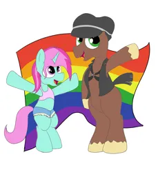 Size: 2200x2400 | Tagged: safe, alternate version, artist:amateur-draw, derpibooru import, oc, oc:belle boue, oc:oak wood, unofficial characters only, earth pony, pony, unicorn, bipedal, clothes, denim, denim shorts, harness, hat, image, leather, leather vest, png, pride, pride month, shorts, simple background, tack, tanktop, vest, white background