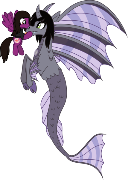Size: 3502x4913 | Tagged: safe, artist:lightningbolt, derpibooru import, oc, ponified, ponified:kellin quinn, pegasus, pony, siren, .svg available, clothes, cloven hooves, curved horn, derpibooru exclusive, duo, duo male, fangs, fins, fish tail, flying, happy, horn, image, kissing, looking at each other, looking at someone, male, nose piercing, pierce the veil, piercing, png, scales, shirt, show accurate, size difference, sleeping with sirens, slit pupils, smiling, spread wings, stallion, t-shirt, tail, tongue out, vector, vic fuentes, wings