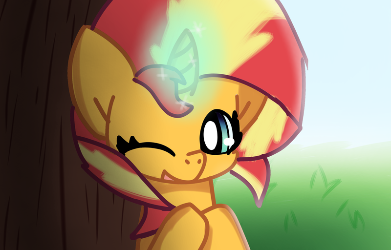 Size: 2500x1600 | Tagged: safe, artist:just loq, derpibooru import, sunset shimmer, pony, unicorn, bacon hair, cute, day, image, png, shimmerbetes, solo, tree