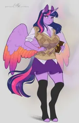 Size: 713x1100 | Tagged: safe, alternate version, artist:evehly, derpibooru import, twilight sparkle, twilight sparkle (alicorn), alicorn, anthro, unguligrade anthro, argyle, book, breasts, busty twilight sparkle, clothes, female, gray background, image, png, shirt, simple background, skirt, socks, solo, stockings, sweater vest, thigh highs, zettai ryouiki