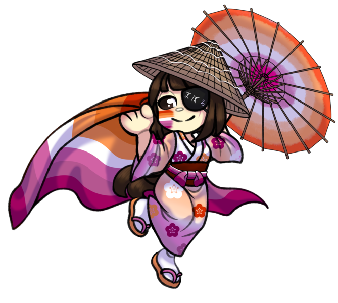 Size: 2652x2377 | Tagged: safe, artist:malinraf1615, derpibooru import, oc, oc:ohasu, unofficial characters only, human, asian conical hat, chibi, clothes, commission, eye scar, eyepatch, face paint, facial scar, female, hat, humanized, humanized oc, image, japanese, kimono (clothing), lesbian pride flag, moon runes, png, pride, pride flag, pride month, sandals, scar, simple background, socks, straw hat, tail, tailed humanization, transparent background, umbrella, ych result