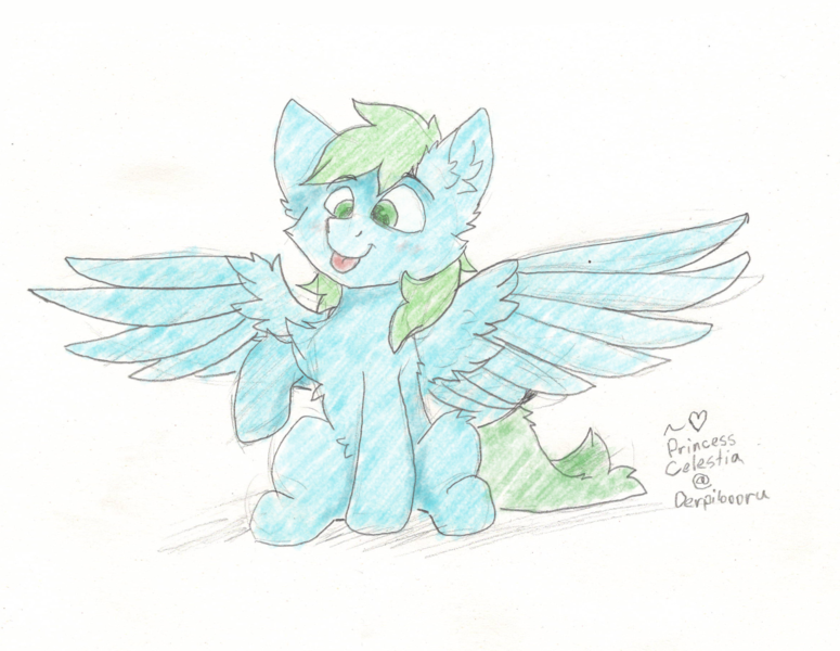 Size: 1171x906 | Tagged: safe, artist:princess celestia, derpibooru import, oc, oc:blu deucee, unofficial characters only, pegasus, :p, chest fluff, ear fluff, image, pegasus oc, pencil drawing, png, signature, smiling, spread wings, tongue out, traditional art, wings