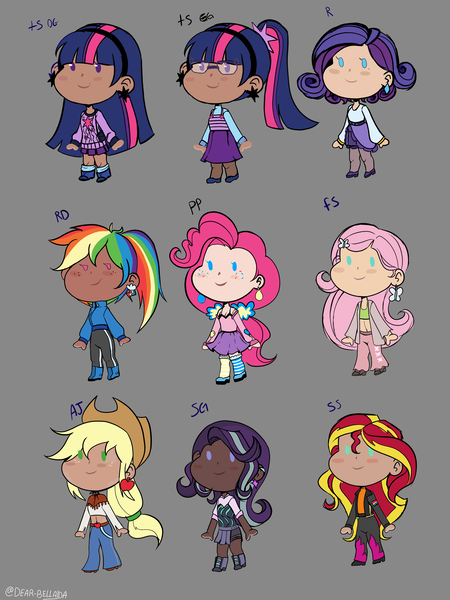 Size: 3000x4000 | Tagged: safe, artist:dear-bella, derpibooru import, applejack, fluttershy, pinkie pie, rainbow dash, rarity, sci-twi, starlight glimmer, sunset shimmer, twilight sparkle, human, equestria girls, alternate hairstyle, applejack's hat, belly button, belt, boots, chibi, clothes, coat, cowboy hat, cute, dark skin, denim, ear piercing, earring, female, flats, freckles, glasses, gray background, hairband, hat, humane five, humane seven, humane six, humanized, image, jacket, jeans, jewelry, leg warmers, light skin, midriff, mismatched socks, moderate dark skin, pale skin, pants, piercing, png, shoes, simple background, skirt, socks, sports bra, stockings, striped socks, sweater, sweatpants, tan skin, thigh highs, twolight