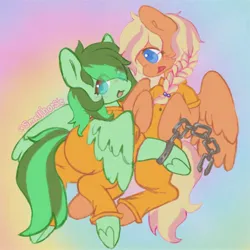 Size: 2048x2048 | Tagged: safe, artist:smallhorsie, derpibooru import, oc, oc:amber swirl, oc:eden shallowleaf, unofficial characters only, pegasus, pony, butt, chains, clothes, cuffs, duo, female, image, jpeg, jumpsuit, mare, plot, prison outfit, prisoner, underhoof