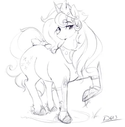 Size: 2474x2527 | Tagged: safe, artist:thelunarmoon, derpibooru import, majesty, pony, unicorn, g1, bow, crown, female, grayscale, image, jewelry, jpeg, mare, monochrome, raised hoof, regalia, simple background, smiling, solo, tail, tail bow, turned head, white background