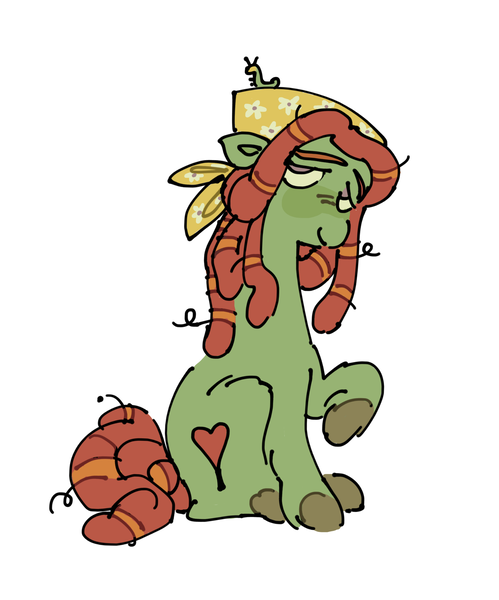 Size: 1702x2048 | Tagged: safe, artist:arrgh-whatever, derpibooru import, tree hugger, caterpillar, earth pony, pony, bandana, dreadlocks, female, image, lidded eyes, looking at you, mare, png, raised hoof, simple background, smiling, solo, white background