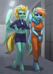 Size: 2500x3468 | Tagged: safe, artist:hakaina, derpibooru import, lightning dust, rainbow dash, anthro, belly button, bound wings, clothes, commissioner:rainbowdash69, cuffs, image, jumpsuit, never doubt rainbowdash69's involvement, officer ld, png, police officer, police uniform, prisoner, prisoner rd, sad, shackles, wing cuffs, wings
