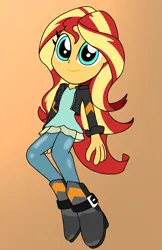 Size: 1329x2048 | Tagged: safe, artist:tenebrousmelancholy, derpibooru import, sunset shimmer, equestria girls, boots, clothes, digital art, equestria girls 10th anniversary, female, gradient background, image, orange background, png, shoes, simple background