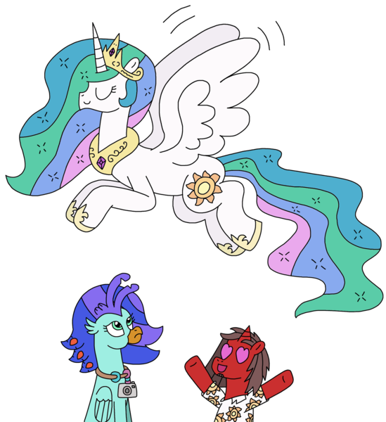 Size: 1952x2132 | Tagged: safe, artist:supahdonarudo, derpibooru import, princess celestia, oc, oc:ironyoshi, oc:sea lilly, alicorn, classical hippogriff, hippogriff, unicorn, camera, clothes, flying, heart, heart eyes, image, jewelry, looking up, necklace, png, shirt, simple background, transparent background, wingding eyes