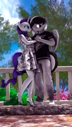 Size: 2160x3840 | Tagged: safe, artist:shadowuwu, derpibooru import, rarity, oc, oc:sound shock, alien, alien pony, anthro, pegasus, plantigrade anthro, unicorn, 3d, black sclera, blue sky, bush, canon x oc, clothes, cloud, denim, dress, female, fence, high heels, holding hands, horn, image, jeans, looking at each other, looking at someone, male, pants, png, rarishock, road, romantic, shipping, shirt, shoes, sneakers, straight, sundress, t-shirt, tree, wings