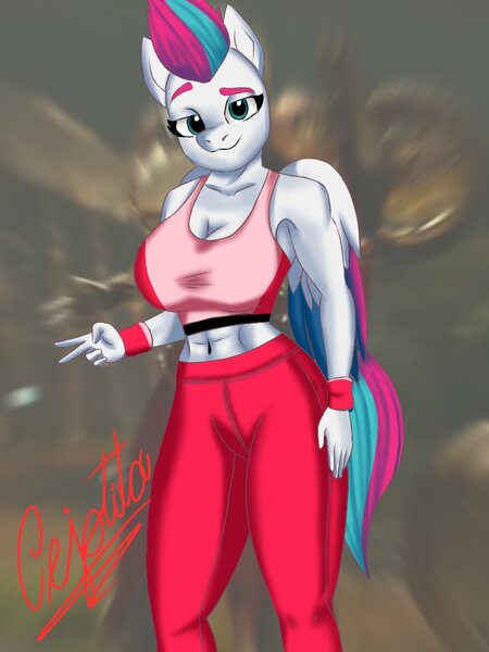 Size: 768x1024 | Tagged: safe, artist:cejotita, derpibooru import, zipp storm, anthro, g5, my little pony: a new generation, arcee, breasts, busty zipp storm, clothes, female, image, jpeg, liza koshy, peace sign, photo, solo, sports bra, sports outfit, tail, transformers rise of the beasts, voice actor joke