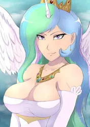 Size: 2894x4093 | Tagged: suggestive, artist:symptom99, derpibooru import, princess celestia, human, bedroom eyes, big breasts, breasts, busty princess celestia, cleavage, clothes, crown, dress, female, horn, horned humanization, humanized, image, jewelry, looking at you, necklace, off shoulder, png, regalia, smiling, smiling at you, solo, solo female, winged humanization, wings