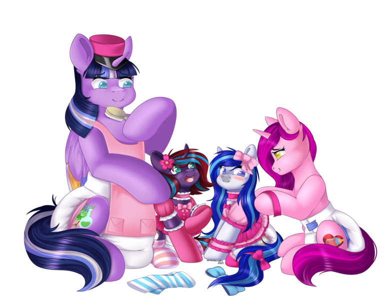 Size: 3900x3000 | Tagged: suggestive, artist:xcinnamon-twistx, derpibooru import, oc, oc:charming dazz, oc:hooklined, oc:mantra, oc:paddy sparkle, alicorn, earth pony, unicorn, apron, blushing, bow, bowtie, brush, cap, clothes, diaper, diaper fetish, dress, dress up, dressing, dressing up, dressup, fetish, flower, flower in hair, frills, frilly, frilly dress, frilly socks, hair bow, hairbrush, happy, hat, image, png, ribbon, shoes, socks, stockings, striped socks, tail, tail bow, thigh highs