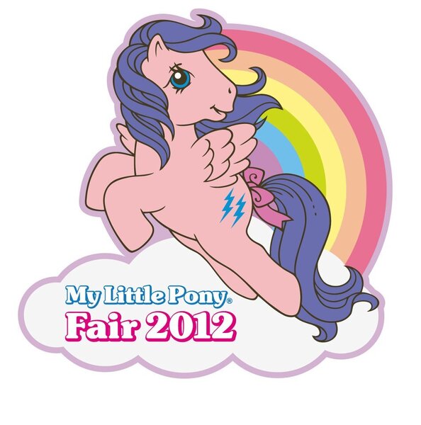 Size: 951x960 | Tagged: safe, derpibooru import, official, firefly, pegasus, pony, g1, 2012 my little pony fair, bow, cloud, female, flying, image, jpeg, looking at you, mare, my little pony fair, rainbow, simple background, smiling, solo, spread wings, tail, tail bow, white background, wings
