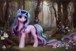 Size: 7680x5120 | Tagged: safe, derpibooru import, editor:felisanafeles, editor:maonyman, machine learning assisted, machine learning generated, stable diffusion, izzy moonbow, pony, unicorn, g5, ai content, beautiful, cute, derpibooru exclusive, female, flower, flower field, forest, fur, image, jpeg, long mane, long tail, moonlight, night, oil painting, solo, tail, traditional art, tree, wallpaper