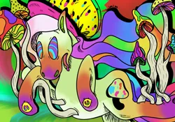 Size: 2000x1400 | Tagged: safe, artist:imiya, derpibooru import, port-o-bella, earth pony, pony, g3, hat, image, multicolored hair, mushroom, png, psychedelic, simple background, solo, trippy