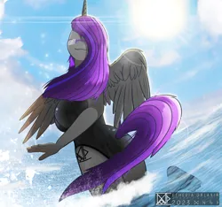 Size: 4618x4320 | Tagged: safe, artist:etheria galaxia, derpibooru import, oc, oc:etheria galaxia, unofficial characters only, alicorn, anthro, absurd resolution, alicorn oc, black swimsuit, clothes, curved horn, detailed background, feet, female, horn, image, legs in the water, leotard, ocean, one-piece swimsuit, partially submerged, png, sky, solo, solo female, spread wings, sun, swimsuit, tail, water, watermark, wet, wet mane, wings