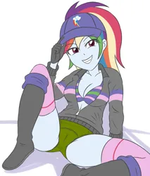 Size: 2362x2775 | Tagged: suggestive, artist:sumin6301, derpibooru import, edit, rainbow dash, equestria girls, black boots, black jacket, boots, bra, breasts, busty rainbow dash, cameltoe, clothes, cutie mark, cutie mark hat, cutie mark on clothes, dark green panties, green panties, green underwear, hand on bed, holding hat, image, looking at you, multi color bra, pink socks, png, shoes, simple background, smiling, spread legs, spreading, stupid sexy rainbow dash, underwear
