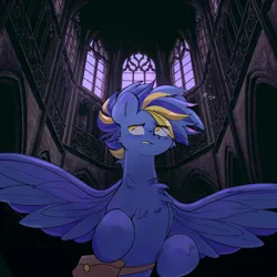 Size: 3000x3000 | Tagged: safe, artist:madiwann, derpibooru import, oc, oc:shining trophy, unofficial characters only, pegasus, pony, castle, cathedral, gothic, image, jpeg, looking up, male, scared, stallion