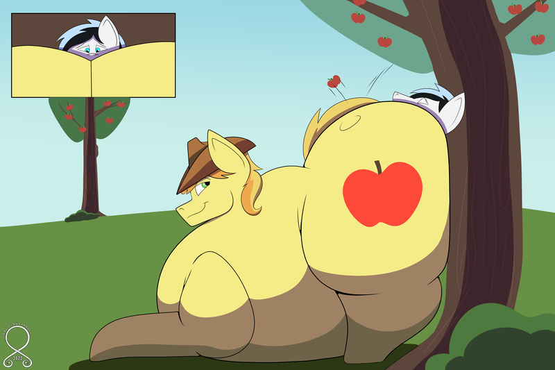 Size: 6000x4000 | Tagged: questionable, artist:facade, derpibooru import, braeburn, oc, oc:blue, earth pony, pony, against tree, apple, apple tree, butt crush, faceful of ass, facesitting, fat, food, gay, image, male, male facesitting, png, tree