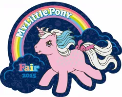 Size: 1367x1086 | Tagged: safe, derpibooru import, milky way, pony, unicorn, g1, 2015, 2015 my little pony fair, bow, cloud, female, horn, image, jpeg, logo, mare, my little pony fair, my little pony logo, rainbow, solo, tail, tail bow