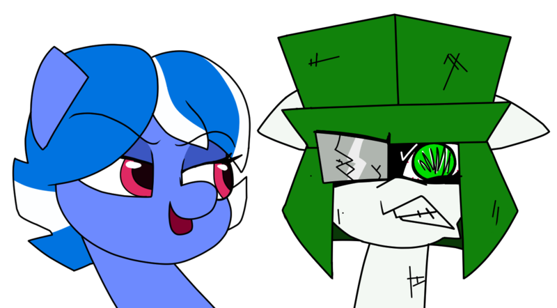 Size: 1275x705 | Tagged: safe, artist:yamston, derpibooru import, oc, oc:little fawn, oc:yamston crowe, unofficial characters only, earth pony, pony, fanfic:living the dream, 2023, blue coat, broken glasses, duo, fanfic art, female, glasses, green eyes, grumpy, hat, image, injured, male, mare, parent:oc:yacon, pink eyes, png, simple background, stallion, transparent background, two toned mane, white coat