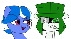 Size: 1275x705 | Tagged: safe, artist:yamston, derpibooru import, oc, oc:little fawn, oc:yamston crowe, unofficial characters only, earth pony, pony, fanfic:living the dream, 2023, blue coat, broken glasses, duo, fanfic art, female, glasses, green eyes, grumpy, hat, image, injured, male, mare, parent:oc:yacon, pink eyes, png, simple background, stallion, transparent background, two toned mane, white coat