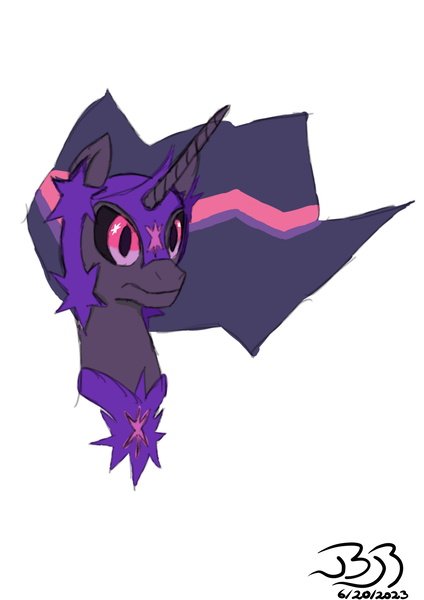 Size: 2480x3508 | Tagged: safe, artist:bifrose, derpibooru import, twilight sparkle, twilight sparkle (alicorn), alicorn, pony, bust, derpibooru exclusive, evil twilight, female, frown, helmet, high res, image, mare, peytral, png, signature, simple background, solo, white background