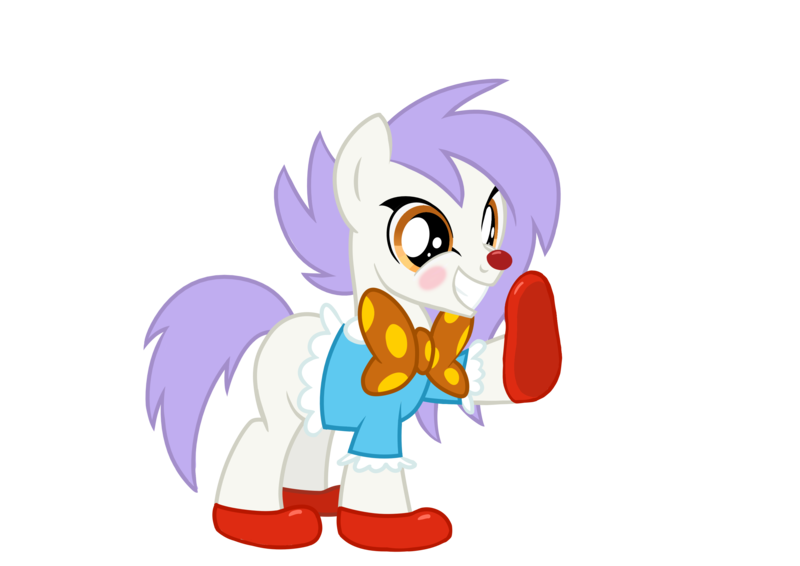 Size: 2970x2100 | Tagged: safe, artist:candy meow, derpibooru import, oc, oc:mockery, unofficial characters only, earth pony, pony, amber eyes, blushing, bowtie, clothes, clown, clown nose, colt, digital art, earth pony oc, eyeliner, foal, grin, high res, image, makeup, male, mane, png, purple hair, purple mane, purple tail, raised hoof, red nose, shirt, shoes, simple background, smiling, solo, standing, tail, transparent background, white body, white fur